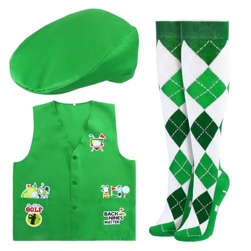 Keymall Funny Golf Costume - Green Vest, Argyle Socks, Newsboy Hat for Men - Halloween, Birthday Party (Set of 3 Pieces)