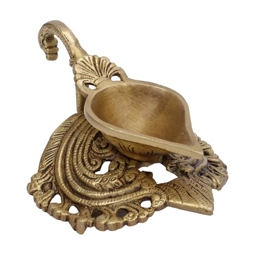 Image of Heavy Brass Diya for Temple | 100% Pure Brass Oil Lamp | Large Handcrafted Pooja Deepak with Antique Finish | Golden Yellow Indian Deepam for Home Mandir & Festive Decoration