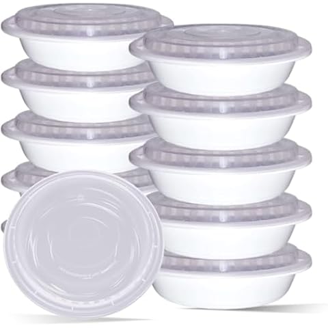 BULK White BIG Container REUSABLE Bowl Meal Food Prep Round Microwavable Heavy Weight bulk Container with Lid, Reusable Plastic (48, Circular, 25, WPC48-150pk) Cover