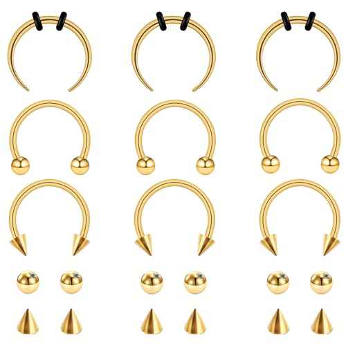 Yolev 9PCS 16g Horseshoe Septum Ring for Women Surgical Stainless Steel Septum Nose Rings 10mm Nose Septum Piercing Jewelry Eyebrow Lip Rings Men Balls & Spikes Snake Bite Gold
