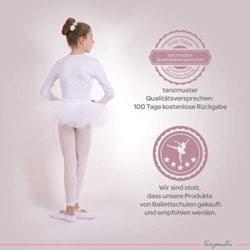 Foto von tanzmuster ® Ballettjacke Mädchen Langarm - Mia - aus sehr weichem Baumwollstoff Ballett Top zum Reinschlüpfen in weiß, Größe 128/134