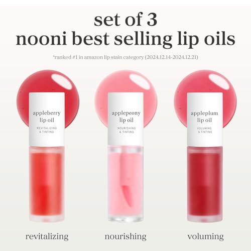 Image of NOONI Korean Lip Oil Set - Appleberry, Applepeony & Appleplum - Long-Lasting, Moisturizing, Revitalizing - Waterproof, No Peel Off, Stocking Stuffers (3EA, 0.12 fl oz)