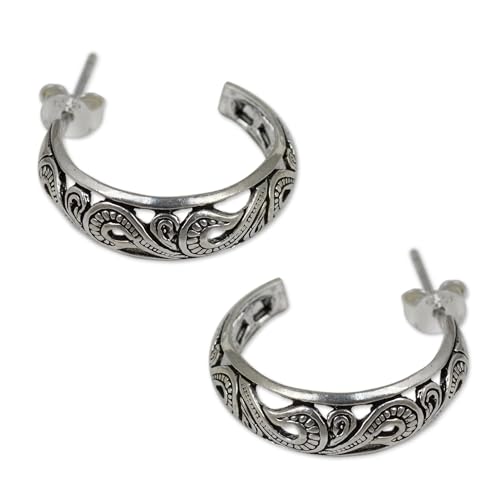 NOVICA Artisan Handmade .925 Sterling Silver Half Hoop Earrings Thailand 'Moon in The Forest'