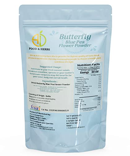 Image of A D Food & Herbs Butterfly Pea Flower Powder Aromatic Edible for Homemade Lattes, Tea Blends, Bath Salts, Gifts, Crafts (20 Gms x pack of 3)