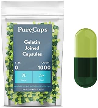 PurecapsUSA – Empty Light Green/Dark Green Gelatin Pill Capsules - Fast Dissolving and Easily Digestible - Preservative Free with Natural Ingredients - (1,000 Joined Capsules) - Size 0