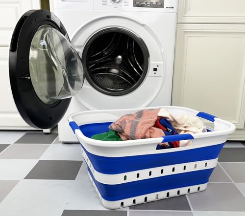SAMMART 42L (11 gallon) Collapsible Plastic Laundry Basket - Foldable Pop Up Storage Container/Organizer - Space Saving Hamper/Basket (1, White/Dark Blue)