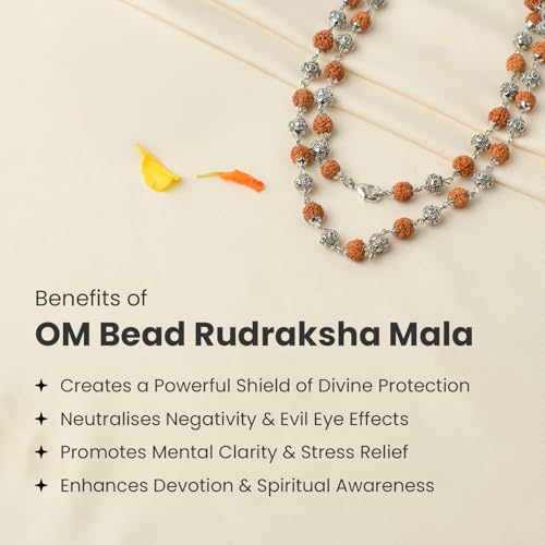 Image of Astrotalk OM Bead Rudraksha Mala | 5 Mukhi Rudraksha Mala Original with Silver OM Bead for Focus, Protection & Spiritual Growth | For Office & Daily Wear | Gift for Man & Woman