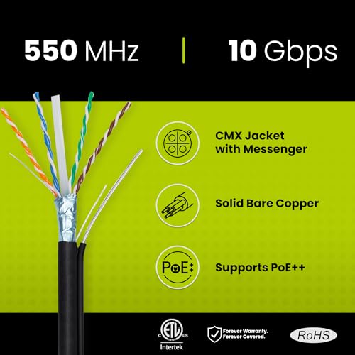 trueCABLE Cat6 Outdoor W/Messenger, Shielded F/UTP, 500ft, UV, Aerial, CMX, Black, 23AWG Solid Bare Copper, 550MHz, PoE++ (4PPoE), ETL Listed, Bulk Ethernet Cable - Thumbnail 2