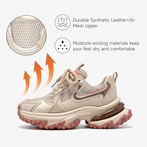 Image of BEAU TODAY Chunky Sneakers for Women, Womens Fashion Sneakers, Lightweight Leather Sneakers for Women, Comfortable Casual Lace-Up Breathable Dad Shoes