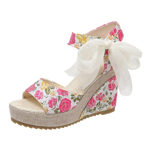 Genérico Sandalias Mujer Vestir Comodas De Cuña Para Con Encaje Estampado Y Pez, Casuales (Rojo, 42) Plataforma Negras Fucsia Sandalia Deportiva Zapatos Verano Tacon Playa Azules Blancos