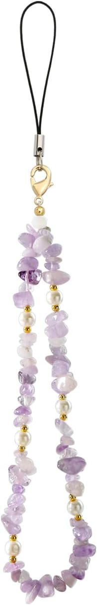 Natural Gemstone Phone Charms Wrist Strap Lanyard Beaded Phone Strap for Women Girls (Purple)