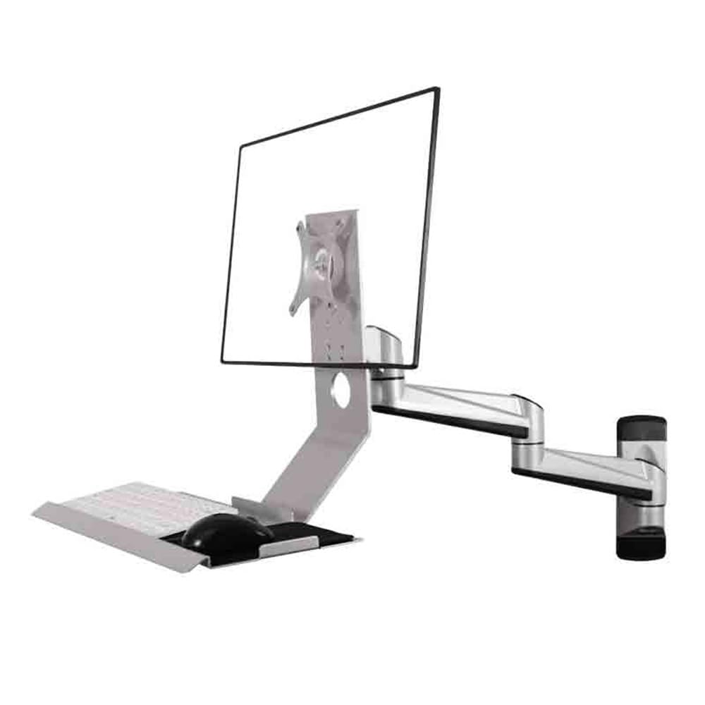 Aioneer Monitor Arm Two Section Arm With Plain Tray Non-Foldable Monitor Stand Silver Single Screen Monitor Mount Arm
