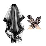 Fumwase Black Lace Veil Black Lace Short Gloves Halloween Veil with Comb and Gloves Black Veil Brides Wedding for Women Girls Halloween Wedding Costume Accessory Party (Black)