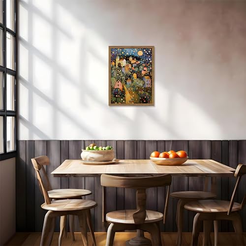 Image of Abstract Moon Stars Tree Framed Canvas Wall Art - Vintage Gustav Klimt Style Oil Painting Print, Village Night Landscape Decor for Living Room Bedroom Nursery Office 12x16 inch