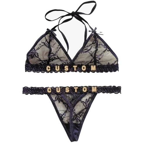 BeNsil Custom Bikini Sets with Name, 2 Pcs Personalized Lace bra/thongs with Name,Personalized Underwear Panties Lace Bikini