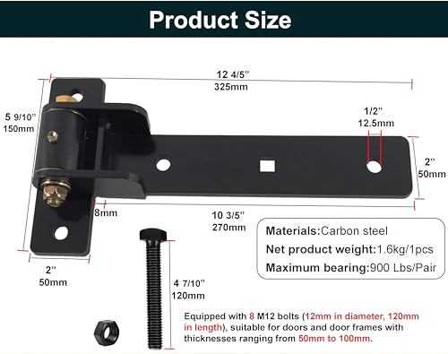 Heavy Duty Gate Hinges 13", 900 LBS Load Capacity Carbon Steel Strap Hinges with Ball Bearings, Bolt-On or Weld-On for Wooden/Metal Gates, Barn Doors, Fence, Sheds,2Pcs (Patent Pending) by HFCENXIE - Image 3