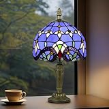 Crefotu Small Tiffany Style Table Lamp, 3 Color Temperatures Bedside Lamp, 8 Inch Stained Glass Desk Light for Home Office Bedroom Living Room (Blue Baroque)