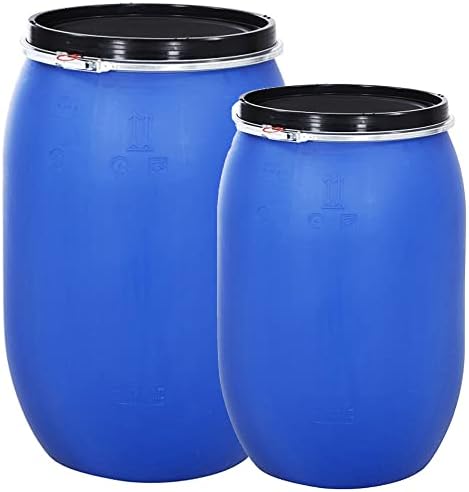 STORM TRADING GROUP 120 Litre LARGE Plastic Blue Open Top Storage Barrel Drum Keg with Lid and Latch Ring, Food Grade for Shipping, Air Tight Industrial Storage Container (1)