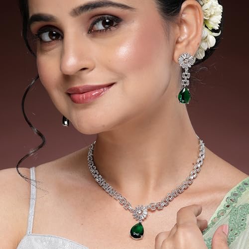 Image of ZENEME Rhodium Plated Brass Silver Toned Luxurious Sparkle Pink Necklace & Earring Jewellery Set For Women & Girls