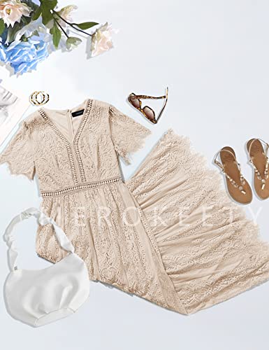 Merokeety Women's V Neck Short Sleeve Floral Lace Wedding Dress Bridesmaid Cocktail Party Maxi Dress Apricot #TOP4