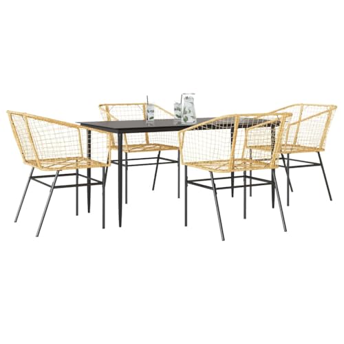 Ziaphsol Ensemble Salon Jardin 5 pièces Marron Poly rotin avec Table en Verre trempé 160x80 cm, chaises avec Dossier et accoudoirs, mobilier extérieur pour terrasse Balcon Patio Repas détente