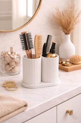 Image of Aesthetic Toothbrush Holder for Bathroom, Dual Cup Ribbed Design, Toothbrush & Toothpaste Organizer Stand, Modern Bathroom and Stationery Accessories Holder (White)