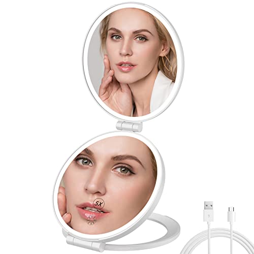 Touchfeel Travel Mirror With Light, Travel Makeup Mirror Double Sided Folding With 5X Magnifying, Rechargeable Led Vanity Mirror With 3 Color Lights And Brightness Adjustable #TOP9