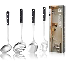 Pleafind 4-Pcs Cooking Utensils Set, Stainless Steel Kitchen Utensils, Mirror Polished Kitchen Essentials Set Include Wok Ladle, Slotted Spoon, Wok Spatula &Slotted Spatula, Dishwasher Safe