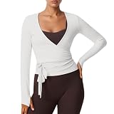 Cache-Coeur De Danse Femmes Uni Col V à Manches Longues Pilates Haut Coupe Ajustée Exercice Yoga Tops Ballet Bandage Cardigan Doux et Confortable Femme Sport Hauts pour Yoga, Pilates, Ballet