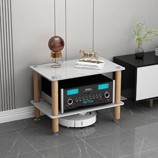 Audio Rack with Shock Absorbing Tempered Glass Shelves and Solid Wood Legs for Secure Media Storage