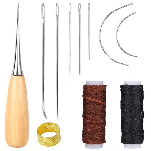 11 Stück Leder Nähset,Handleder Werkzeug Set,Leder Nähgarn set mit Ahle,Wachsfaden,Nadeln und Fingerhut für DIY Nähen,für Sofas Taschen Handtaschen Schuhe und andere Lederartikel