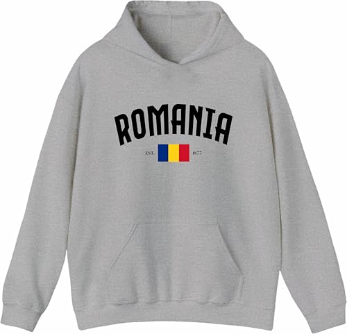 Image of Romania Est 1877 Patriotic Hoodie National Flag Pride Cardigan Independence Day Top Heather Grey