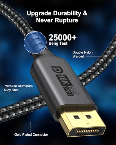 Kabel 16K DisplayPort 2 m - DP 2.1 kabel do gier, HDR, dynamicznego HDR10+, 16K przy 60 Hz, 8K przy 120 Hz, 4K przy 240 Hz, kompatybilny z monitorem gier, laptopem, kartą graficzną, HDTV