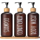 MOMEEMO Amber Shower Dispenser Set, Contains 3 Extra-Thick PET Plastic Bottles with Bamboo Pumps, Shampoo and Conditioner Dispenser for Shower Perfect for Modern Bathroom Decor. (Amber)