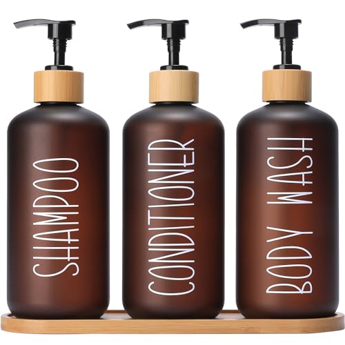 MOMEEMO Amber Shower Dispenser Set, Contains 3 Extra-Thick PET Plastic Bottles with Bamboo Pumps, Shampoo and Conditioner Dispenser for Shower Perfect for Modern Bathroom Decor. (Amber)