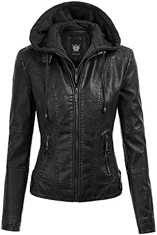 LL WJC1044 Womens Faux Leather Quilted Motorcycle Jacket with Hoodie L BLACK