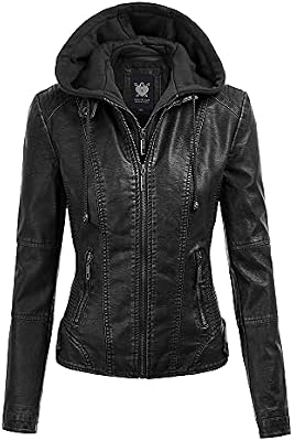 Women’s Faux Leather Moto Biker Jacket with Removable Hood – Zip‑Up Short Coat, XL Black
