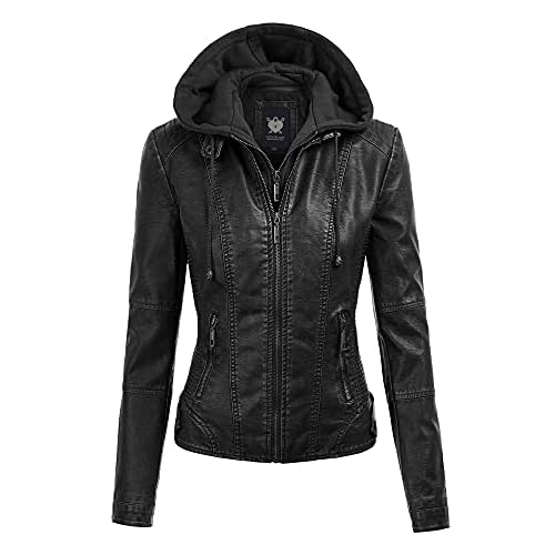 Lock and Love LL WJC1044 Womens Faux Leather Quilted Motorcycle Jacket with Hoodie XL BLACK