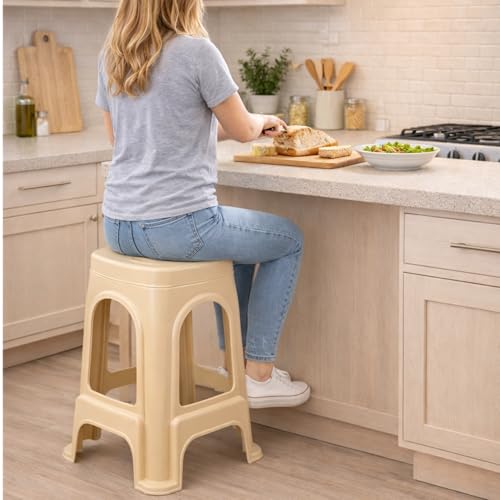 Image of PulGos Pack of 1 Beige Plastic Sitting Stool for Home, Office & Outdoor Use | Compact, Lightweight & Durable Stool for Adults & Kids | Use as Footrest, Side Table, Extra Seating for Living Room