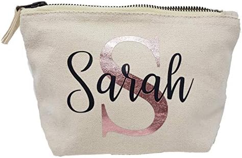 Personalised Makeup Beauty Bag with Rose Gold Initial (Natural, Small)