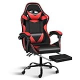 Simple Deluxe Gaming Chair, High Back Office Computer Desk Chair with Adjustable Lumbar Support, Recliner Swivel Video Game Chair with Footrest, Height Adjustable Seat and Backrest, Black/Red