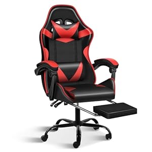Simple Deluxe Gaming Chair, High Back Office Computer Desk Chair with Adjustable Lumbar Support, Recliner Swivel Video Game Chair with Footrest, Height Adjustable Seat and Backrest, Black/Red
