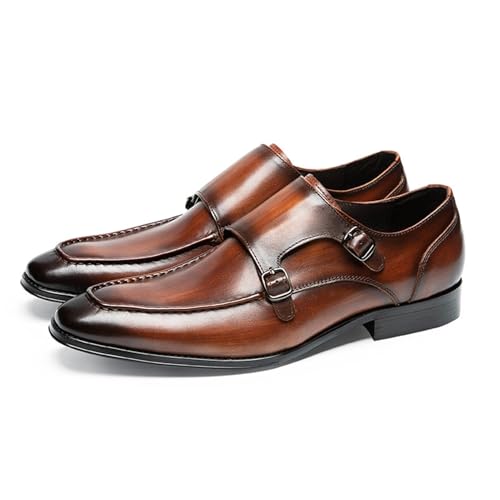 Dress Oxford for Men Slip On Square Burnished Toe Genuine Leather Double Monk Strap Low Top Non Slip Rubber Sole Outdoor2
