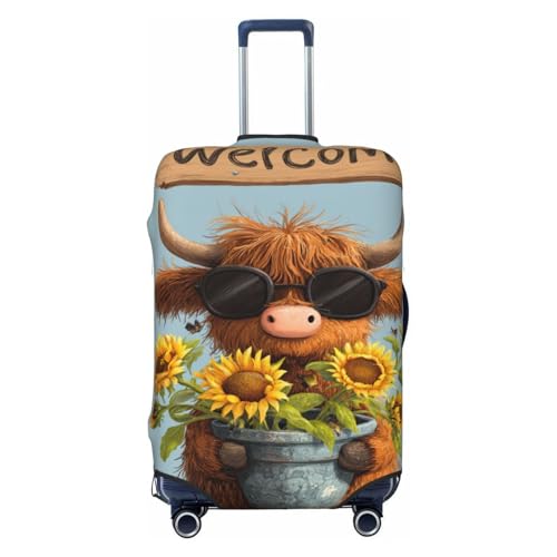 Cartoon Highland Cow Holding Sunflower Pot Elastic Travel Luggage Covers Dustproof Scratch-Resistant Suitcase Protector Fit 22-24 Inch