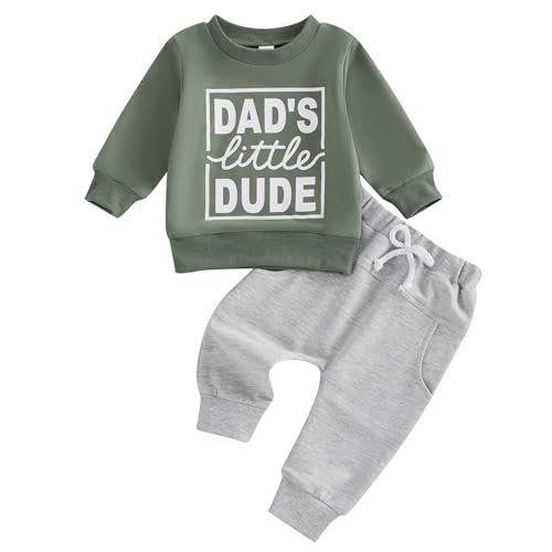 Image of Loalirando Toddler Baby Boy Fall Winter Tracksuit Daddy's Boy Letter Print Round Neck Long Sleeve Sweatshirt Tops Elastic Waist Pants 2 Piece Set (Green, 3-6 Months)