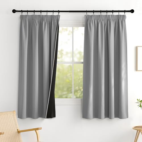 PONY DANCE Cortinas Cortas 100% Opacas para Ventanas de Cocina/Comedor, Cortinas Termicas Aislantes Blackout con Fruncidas 2 Piezas,140x160cm,Gris Claro