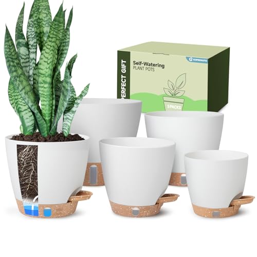 Goproauto Self-Watering Pots for Indoor Plants with Visible Water Window 5/6/6.5/8/10 Inch Outdoor Flower Pots with Drainage Holes & Reservoir for Patio Home Decor (White)
