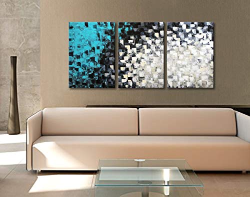 Hand Painted Black And White Teal Abstract Canvas Wall Art Turquoise Modern Oil Painting 48X24 Inch #TOP4