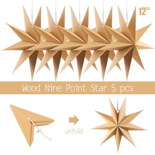 Image of SUNBEAUTY 5 Pcs 9-Pointed Natural Paper Star Lanterns 12 Inch Christmas Hanging Lamp Rustic Paper Decorations Shade Wedding Birthday Christmas Home Party Decorations