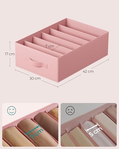 SONGMICS Zestaw organizerów do szafy, 4 sztuki, pudełko do przechowywania z 6 przegródkami, system organizacji szuflad, składane pudełka z organizerem, 42 x 30 x 17 cm, pastelowy róż RUS009R01